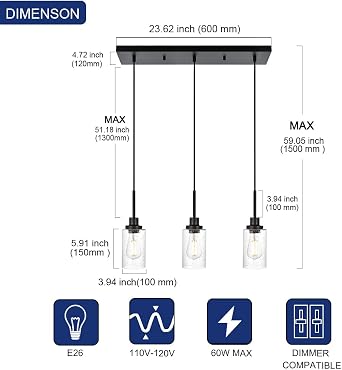 TODOLUZ Pendant Light Fixtures, 3-Lights Adjustable Modern Hanging Light with Seeded Glass, Kitchen Island Lighting for Over Table Dining Room