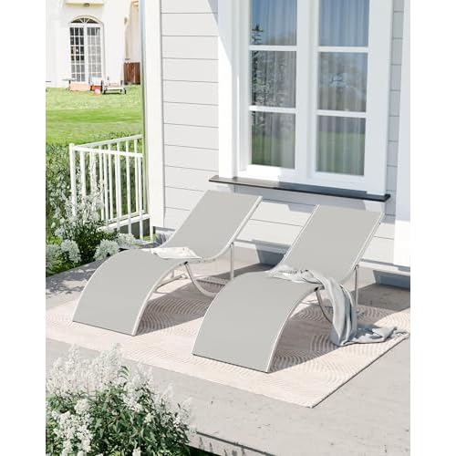 Outdoor Chaise Lounge Set of 2 - Patio Poolside Sunbathing Chairs, Weather Adjustable Reclining Beach Lounge Chairs for Deck, Garden, Backyard, Balcon