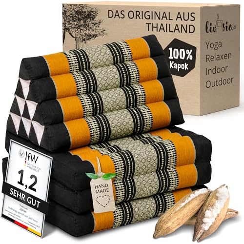 livasia Thaikissen mit 3 Auflagen - 175x50x8cm - Dreieckskissen mit Klappmatratze, Keilkissen Kapok, Rückenkissen faltbar, Thaimatte zum Klappen, handgefertigt, Meditationskissen (Schwarz/Orange)