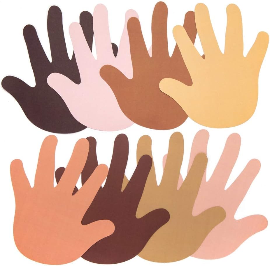 โ Baker Ross AW759 Multicultural Skin Tone Hand Paper Cut Outs for Schools, Students & Teachers (Pack of 56, Pieces), Assorted, 14.5cm x 13.5cm
