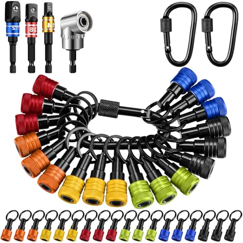 Threlaco 24 Pcs Upgraded Flexible Drill Bit Extension, Bit Holder Keychain, 1/4 3/8 1/2 Socket Hex Shank Quick Release Screwdriver 105 Degree Right Angle Driver for Drills Men Gifts (Multicolor)