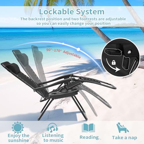 RICHRYCE Zero Gravity Chairs Set of 2, 350lbs Capacity Folding Outdoor Patio Recliner with Adjustable Headrest & Cup Holder, Anti Gravity Chair for Backyard, Poolside & Lawn (Black)