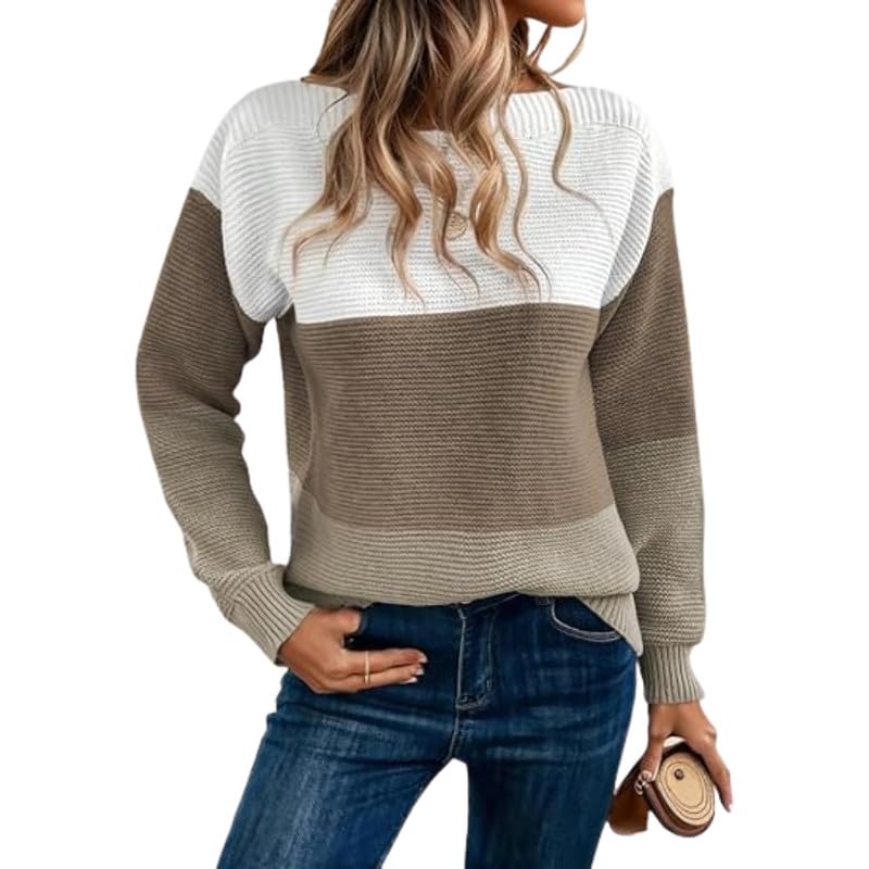 Women's Contrast Color Knitted Pullover Sweater with Round Neck for Autumn and Winter-image-12