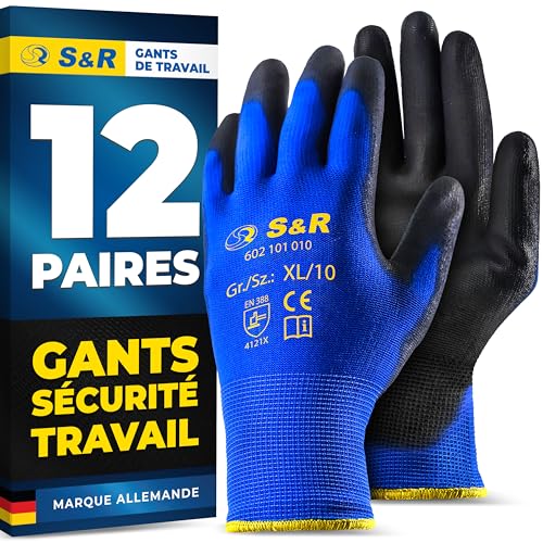 S&R Gants de Travail 12 PAIRES Homme Femme Légers et Résistants Taille XL/10 Gants pour Bricolage et Jardinage Peinture Montage Emballage Jardinage