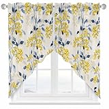 W1naFun Vintage Floral Plant Swag Valances for Windows Rod Pocket Kitchen Window Curtains Over Sink, Yellow Blue Kitchen Curtains Sets, Swag Curtains Valance for Living Room, 28x36inch Set of 2