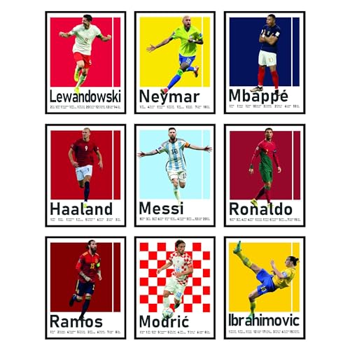 BigWig Prints Lot de 9 affiches de football – Décoration de football pour chambre de garçon, Ronaldo, Messi, Mbappe, Neymar, Zlatan Ibrahimovic, Ramos,...