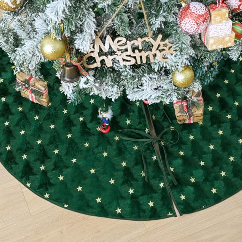 AVOIN colorlife Soft Plush Faux Fur Christmas Tree Skirt 48 Inch, Jacquard Green Xmas Star Pine Trees Winter Holiday Mat Decoration
