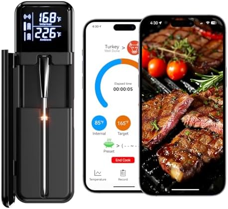 Smart Wireless Meat Thermometer, Digital Cooking Thermometer with Dual High-Accuracy Sensors, Ceramic Heat-Resistant Probe, Instant Read LCD & App Control for Kitchen,BBQ, Oven,Grill,Air Fryer, Black