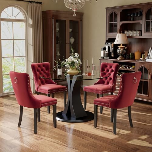 Image of 5-Piece Dining Table Set with 39In Tempered Glass Table and 4 Velvet Upholstered Chairs, Modern Scandinavian Furniture for Dining Room Kitchen(Burgundy)