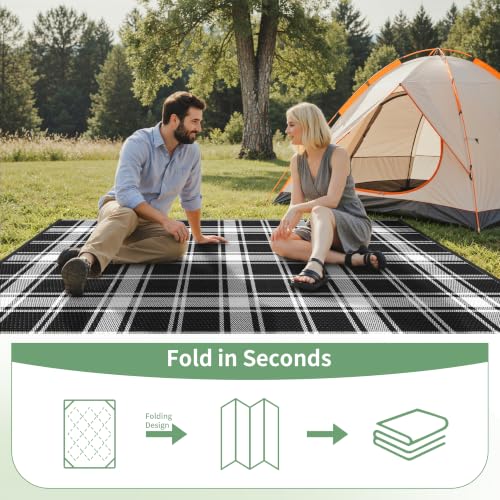 Image of GENIMO Outdoor Rug, Waterproof Plastic Rugs for Patio, 6'x9' Black Plaid | Outside Larger Modern Carpet Mat for Porch Decor, Deck, Balcony, Camping, RV, Backyard, Picnic, Beach, Reversible, Foldable