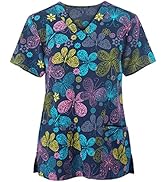 Women Cartoon Scrub Top Cute Tunic Nurse Work Scrub Top Stitch Incredibles Floral Fitted Mock Scr...