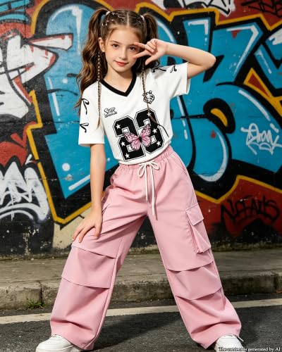 Image of Betusline Girls 2 Piece Summer Outfits,Kids Casual Short Sleeve Crop Top & Cargo Jogger Pants Sets,4T-14Y