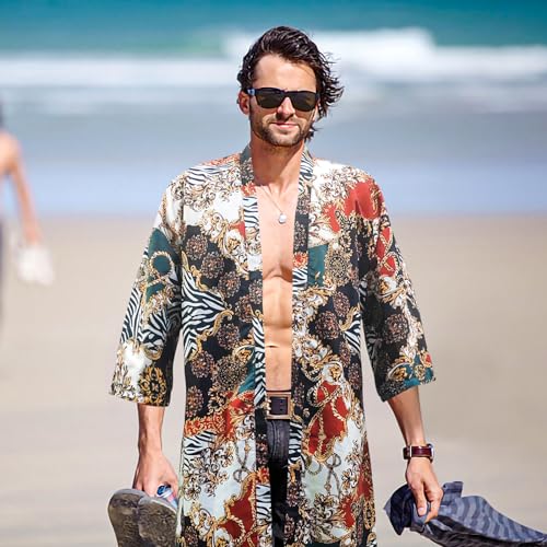 Men's Lightweight Kimono Robe Japanese Bathrobes 3/4 sleeves Casual Open Front Long Cardigan Cloak Coat with Belt4