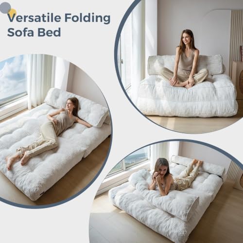 Image of MAXYOYO Folding Sofa Bed, Convertible Chair Bed with Pillow | Foldable Couch with Back Support, Portable Fold Out Chair Comfy Floor Sofa for Living Room Bedroom, Beige, Double