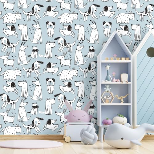 Papier peint chiens mignons bleu imperméable et repositionnable - 4