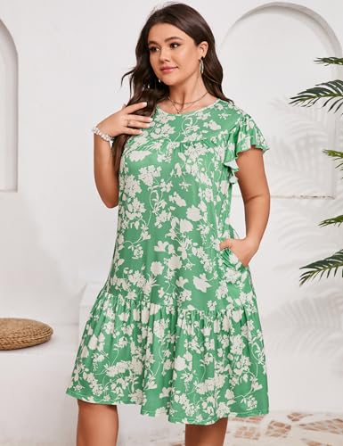 Image of ShopWonder Womens Plus Size Dress Crew Neck Ruffle Sleeve Casual Swing Flowy Tiered Midi T Shirt Dresses with Pockets