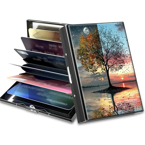 Image of Slim Credit Card Holder, Day and Night Art Tree RFID Blocking Metal Wallet for Men & Women, Aluminum Minimalist Hard Case Pocket-Sized Business Cards Organizer (Fits Up to 10 Cards)