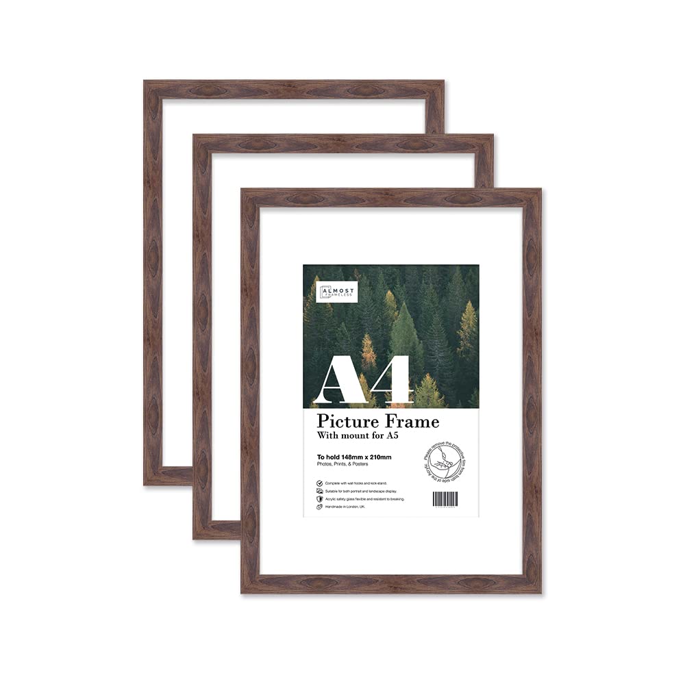Almost Frameless A4 Walnut Picture Frame Set of 3, Display A5 Pictures with Mount or A5 Without Mount Gallery Wall, Poster, Photo, Artwork, or Print, Walnut