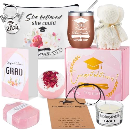 Jingmore 12 Pcs 2024 Graduation Gifts for Her She Believed She Could So She Did Congratulations Gift Graduation Tumbler Cosmetic Bag Key Chain Congrats Grad Gift Set for Graduated Women Girls Student