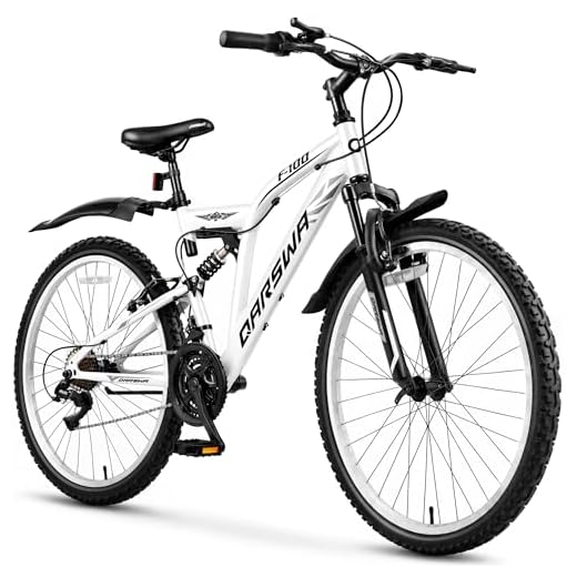 24/26 Inch Mountain Bike for Men & Women, 21-Speed Full Suspension MTB, High-Carbon Steel Frame, Quick Release Front Wheel, Dual Fenders, Easy Assembly, Trail & Commuter Bicycle (White, 26 Inch)