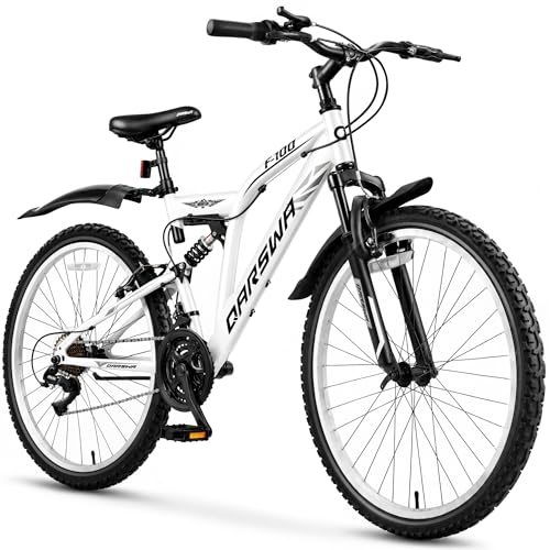 QARSWA 24/26 Inch Mountain Bike for Men & Women, 21-Speed Full Suspension MTB, High-Carbon Steel...