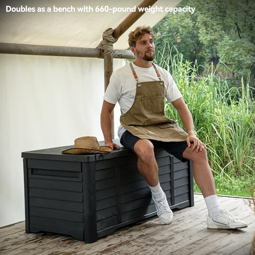 DWVO 120 Gallon Large Deck Box Waterproof Outdoor Storage Box, Extra Large Outdoor Storage Bin, Resin Louvered Patio Storage for Indoor Outdoor Pillows, Garden Tools & Pool Supplies, Lockable, Black - Thumbnail 3