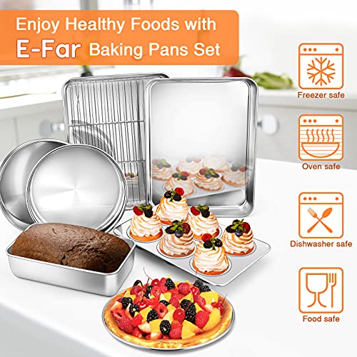 Toaster Oven Bakeware Set, E-Far 8-Piece Stainless Steel Small Baking Pan Set, Include 6-Inch Cake Pan/Rectangle Baking Pan/Cookie Sheet With Rack/Muffin/Loaf/Pizza Pan, Non-Toxic & Dishwasher Safe #TOP6