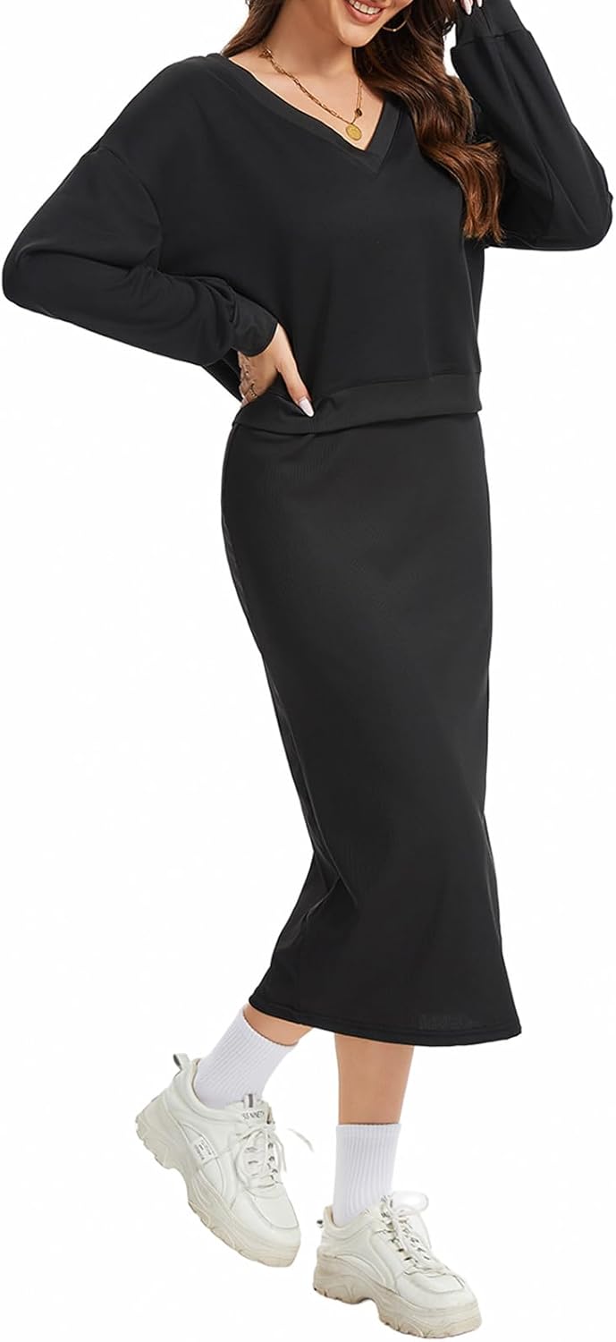 Women's 2 Piece Matching Knit Sweater Set, Long Sleeve V-Neck Top with Maxi Skirt, Effortless Style for Vacation - Image 4