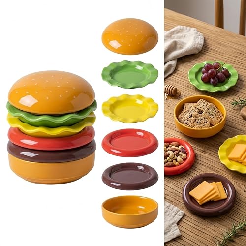 Stackable Ceramic Burger Plate Set - 5-Piece Novelty Hamburger &