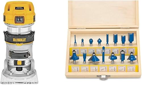 DEWALT Enrutador, base fija, velocidad variable, par máximo de 1-1/4 HP (DWP611) y brocas de carburo de tungsteno Hiltex® 10100 | Juego de 15 piezas
