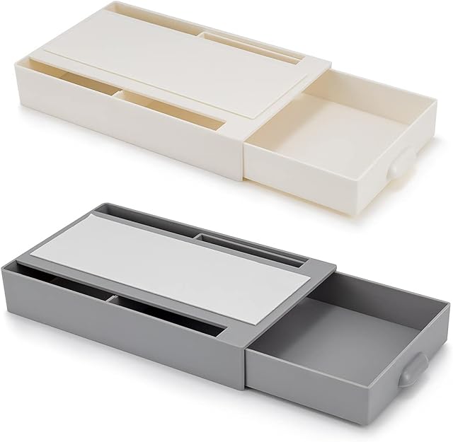 testyu 2 Pcs Under Desk Drawer Organizer, Hidden Drawer Organizer Desk Self Adhesive for Office Work Room Kitchen Living Room (White, Gray)