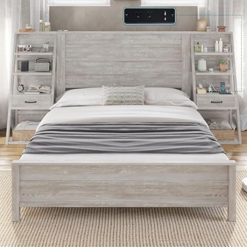 Image of AMERLIFE Queen Size Platform Bed Frame with Wide Headboard & Bookshelves