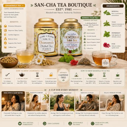 Image of Sancha Tea Boutique, Chamomile (50g) & Moringa Tulsi (25 Pyramid Bags), Caffeine-Free Herbal Tisanes, Calming & Relaxing Combo Pack