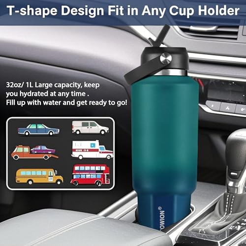 Image of HYDROWION 40 oz Insulated Water Bottle, Car Water Bottle Holder - Double Wall Vacuum Insulated Travel Bottle with Straw Lid, Spout Lid and Flex Cap - Cold for 24H, Hot for 12H, Blue - Lake Green