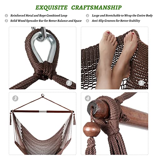 Large Hammock Chair With Spreader Bar, Caribbean Hanging Rope Swing Chair, Xl Hammock Chair Outdoor, Indoor, Bedroom, 330 Lbs Weight Capacity, Dark Brown #TOP2