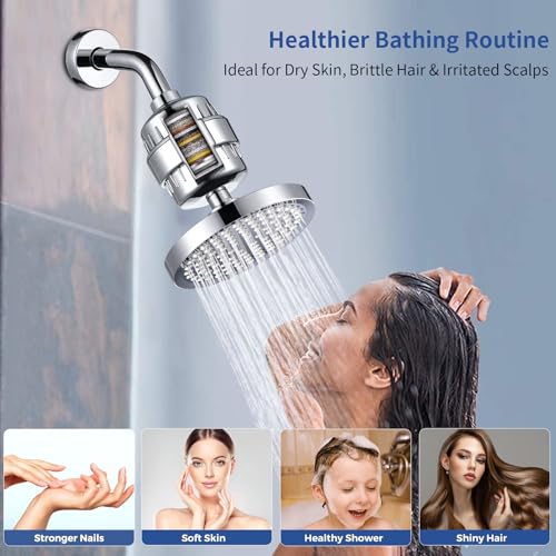 Shower Head with Water Softening Filter for Hard Water - Reduces Chlorine, Heavy Metals - High Pressure (6 Round, Chrome)