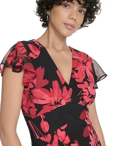 Image of Tommy Hilfiger Women's Flutter Sleeve V-Neck Ruffle Trim Hi-Lo Midi Dress