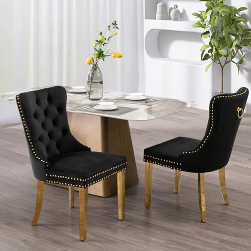 SoarFlash Ensemble de 2 chaises de Salle à Manger en Velours, Chaise tapissée capitonnée avec Bordure en Clous de cuivre, Jambes en Métal plaqué Or pour...