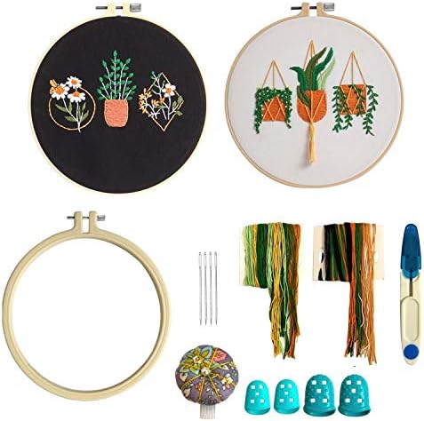 Embroidery Starter Kit with Pattern and Instructions, 2 Sets of Stamped Embroidery Cloths with Plants Flowers Pattern, Coloured Threads, Plastic Embroidery Hoop and Needlework Tools