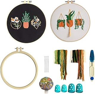 Embroidery Starter Kit with Pattern and Instructions, 2 Sets of Stamped Embroidery Cloths with Plants Flowers Pattern, Coloured Threads, Plastic Embroidery Hoop and Needlework Tools