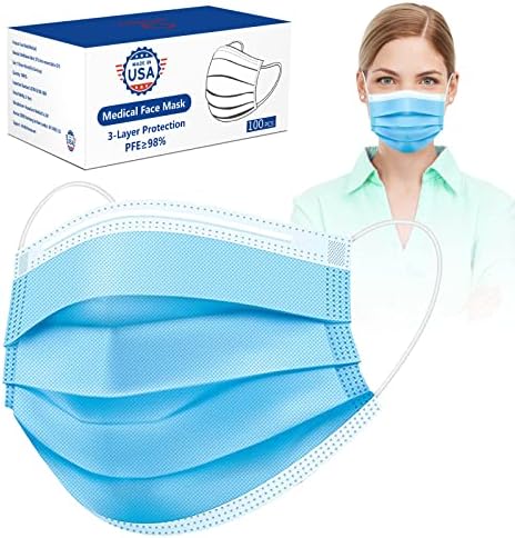 100 Pack Disposable Face Masks 3-Layer Medical Grade Safety Masks for Protection ,USA Made Bulk masks Comfortable & Breathable Face Mask for Adults