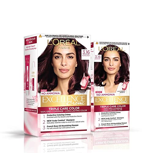 Image of L'Oreal Paris Hair Colour, Radiant At-Home Hair Colour with up to 100% Grey Coverage, Excellence Creme, 3.16 Burgundy, Pack Of 2, 100g +72 ml, 25g + 25 ml