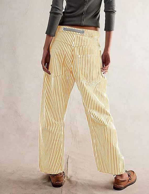 Baggy Barrel Jeans for Women Striped Patchwork Pants Drawstring High Waist Straight Wide Patchwork Tie Waist Jeans2