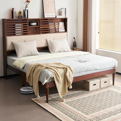 VINGLI Wood Queen Size Bed Frame with Extra Tall 52 Inch Storage Headboard Bookcase, LED Platform Bed with Charging Station, Mid Century Modern Furniture with Fluted Sliding Door Design, Walnut Brown