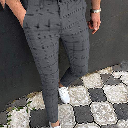 Bravetoshop Men's Slim Fit Suit Pants Stretch Flat-Front Dress Pants Plaid Skinny Business Work Casual Trousers (Gray,M) #TOP1