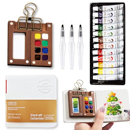 MUZMDNI Mini Watercolor Paint Set Portable, Travel Grid Paint Palette Box with Binder Clips Include Paint, Brush*3 and Picture Album Art Materials Coloring Markers for Travel, Creative Drawing Kit for Beginners and Art Enthusiasts(Brown Wood-S)
