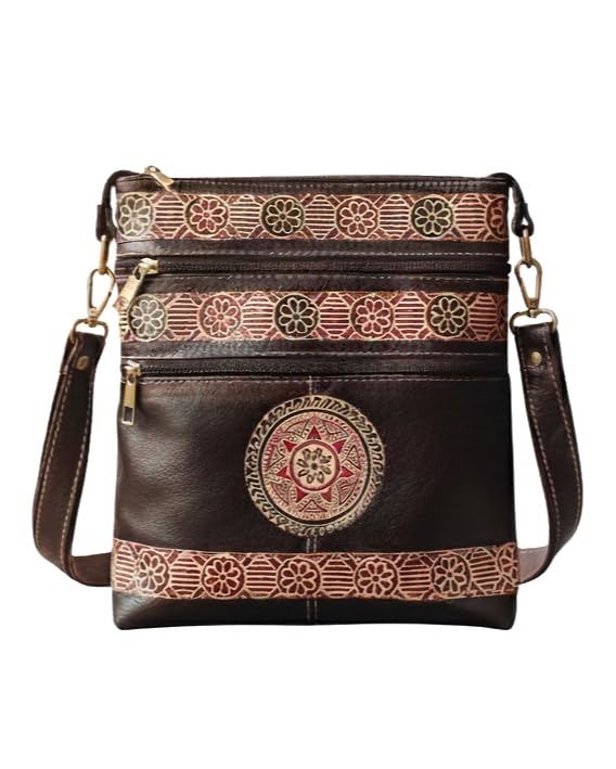 crazy flame Shantiniketan Handcrafted Genuine Leather Sling Bag with Mandala Art Design, Brown, Traditional Ethnic Pattern, Adjustable Strap, Multiple Zippered Compartments-picture-11