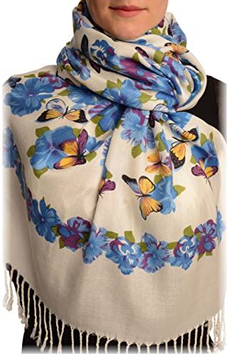 Écharpe pashmina bleue et blanche à fleurs, grand foulard femme 70x180cm avec franges
