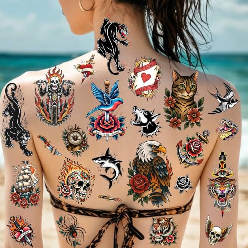 Image of 40+ PCS 6 Sheets Classic Retro American Traditional Temporary Tattoos Old School Tattoo Sticker, Realistic Vintage Pirate Skull Fake Tattoos For Men Women Teens Adults USA Rock Tattoo Party Decoration