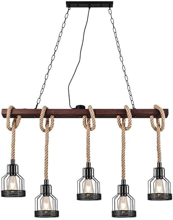 Retro Rustic Pendant Light E26 Vintage Industrial Hanging Lamp Height Adjustable Farmhouse Resin Wood Ceiling Pendant Lighting for Dining Table Kitchen Island Dining Room